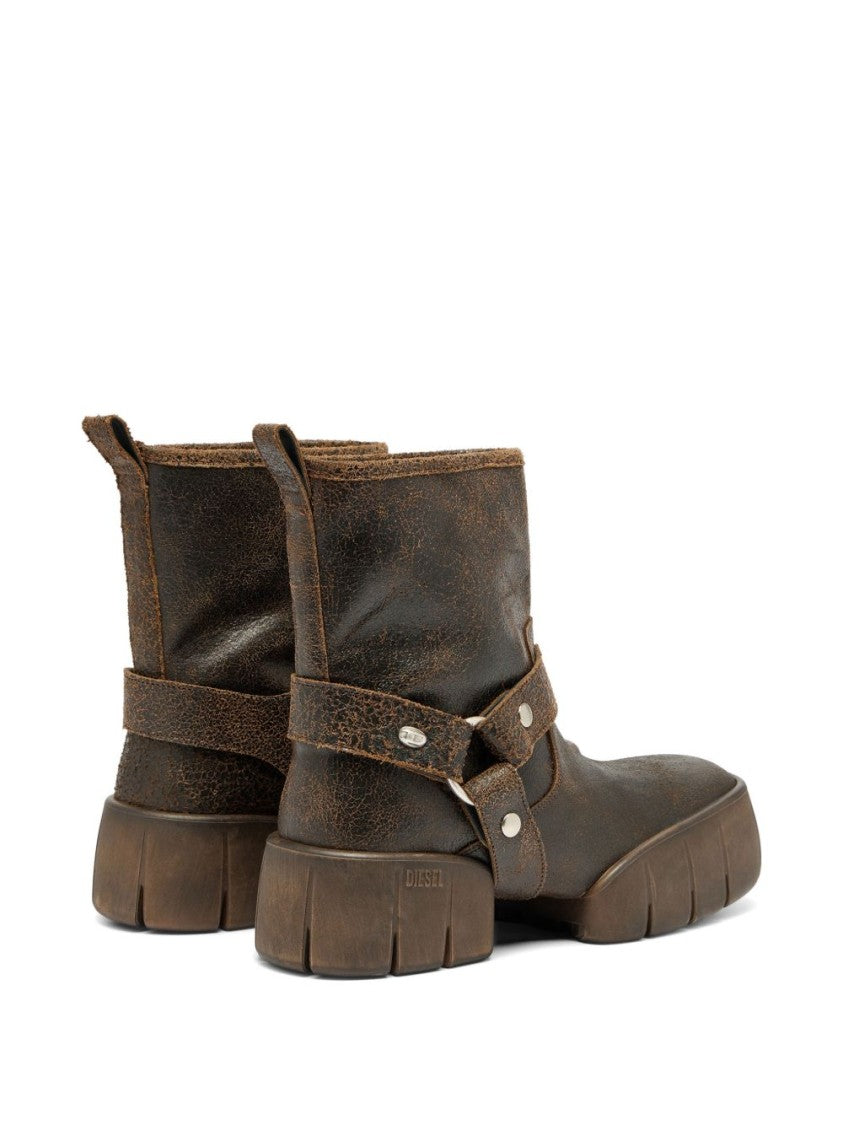 Diesel Brown Square Toe Leather Block Boots