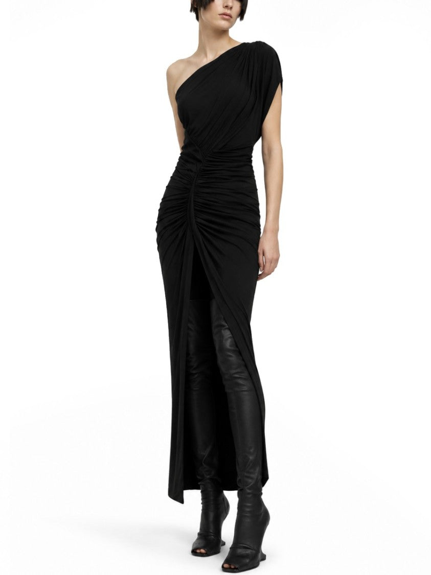 Rick Owens X Lilies One Shoulder Draping Ruched Midi Dress