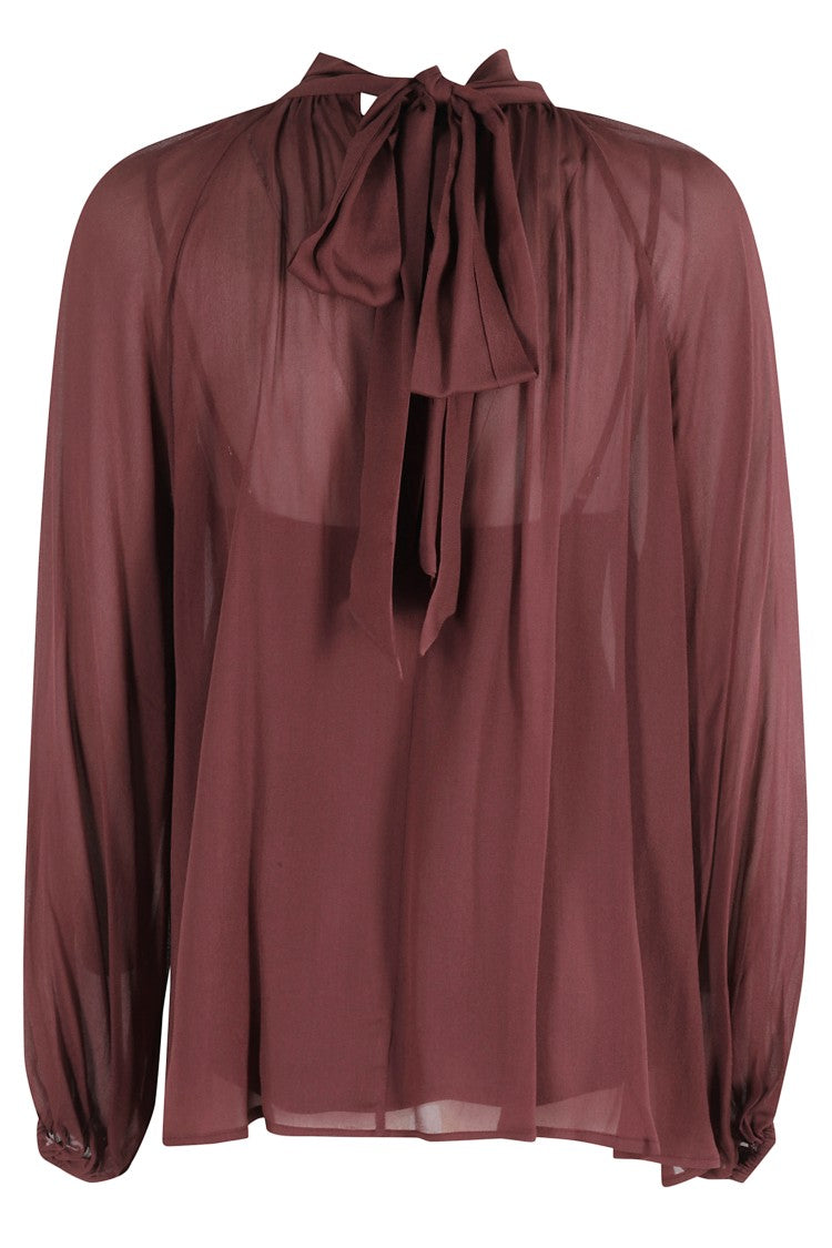 Isabelle Blanche High-Collar Blouse With Bow Sash