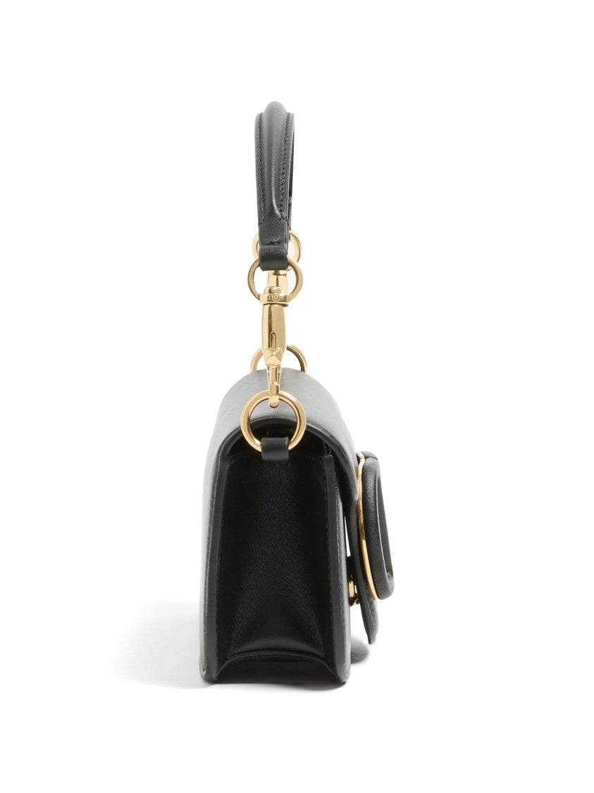 Valentino Structured Black Leather Shoulder Bag With Oval Logo Emblem