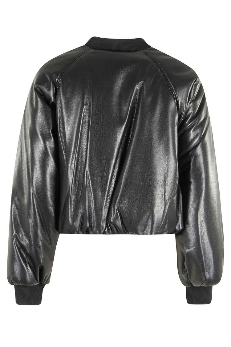 Pinko Cropped Black Faux Leather Bomber Jacket