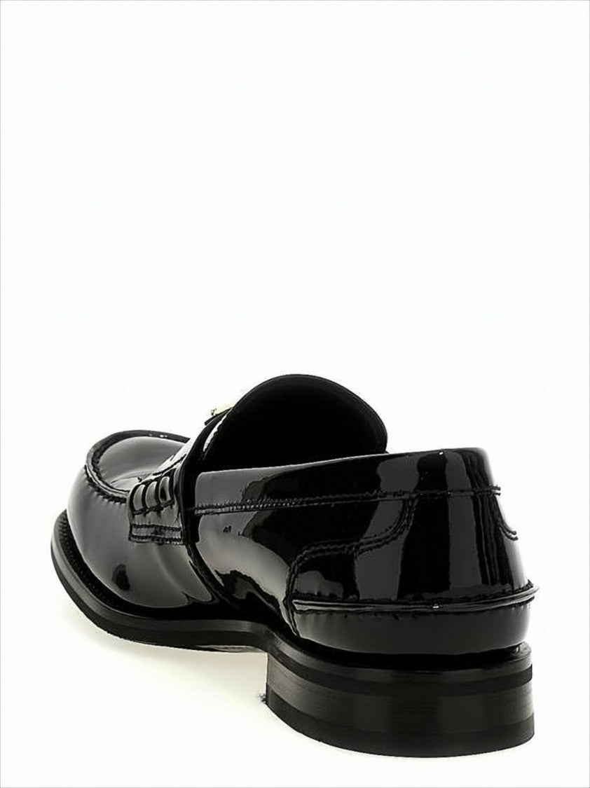 Prada Polished Calf Leather Loafers With Metallic Emblem