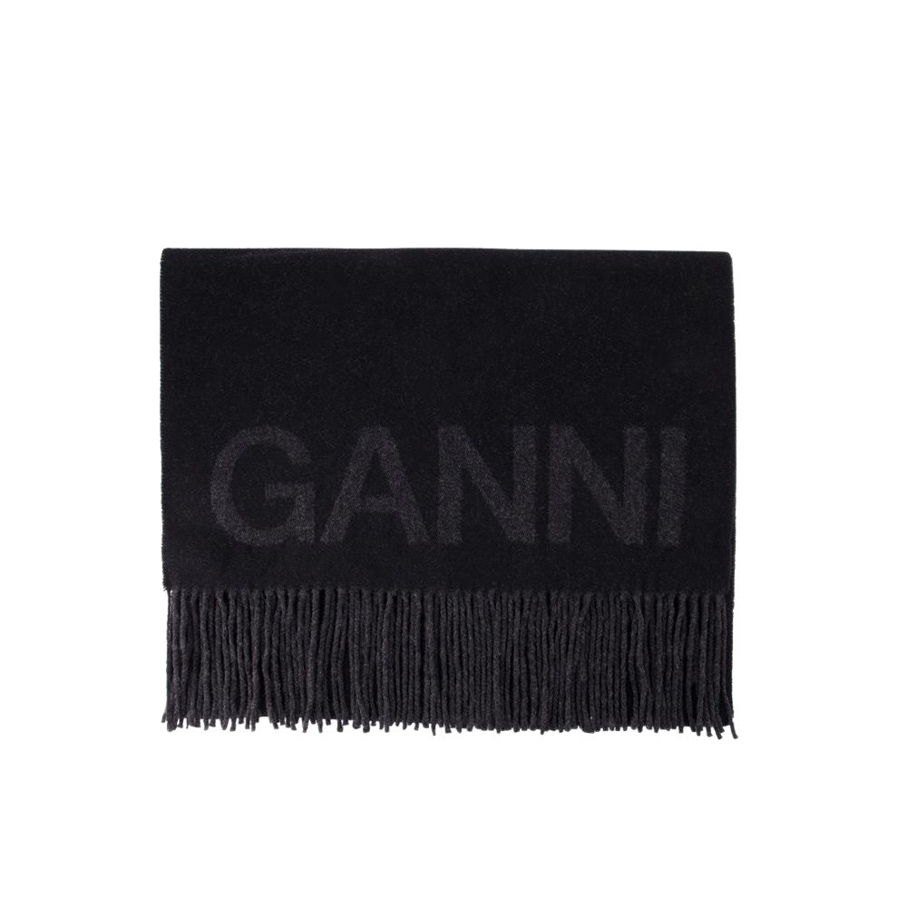 Ganni Fringed Scarf - Wool - Black
