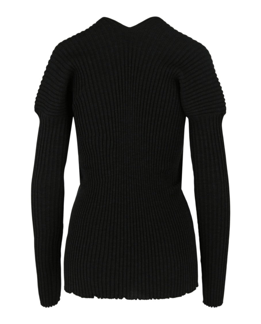 Bottega Veneta Fitted Ribbed Knit Sweater With V-Neckline And Lettuce-Trim Hem