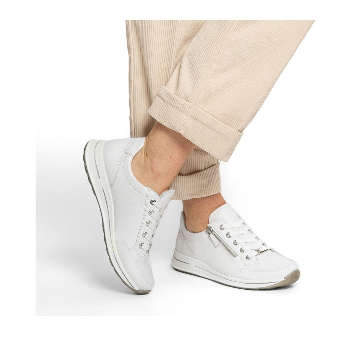Ara White Osaka Minimalist Zipper Leather Sneakers