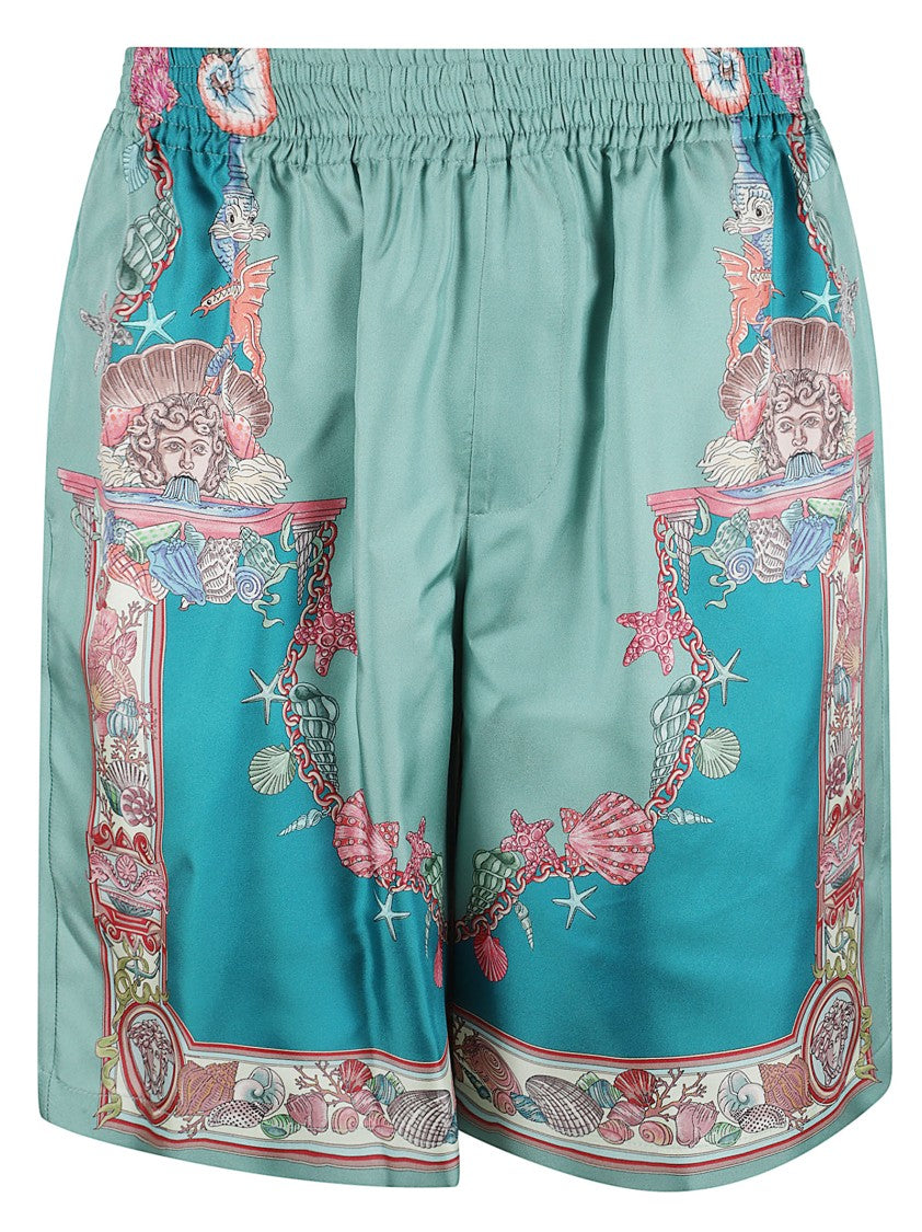 Versace Teal Blue Shorts With Coral Theatre Motif