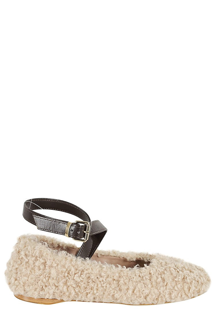 Semi Couture Ivory Ballet Flats With Faux Fur Textures