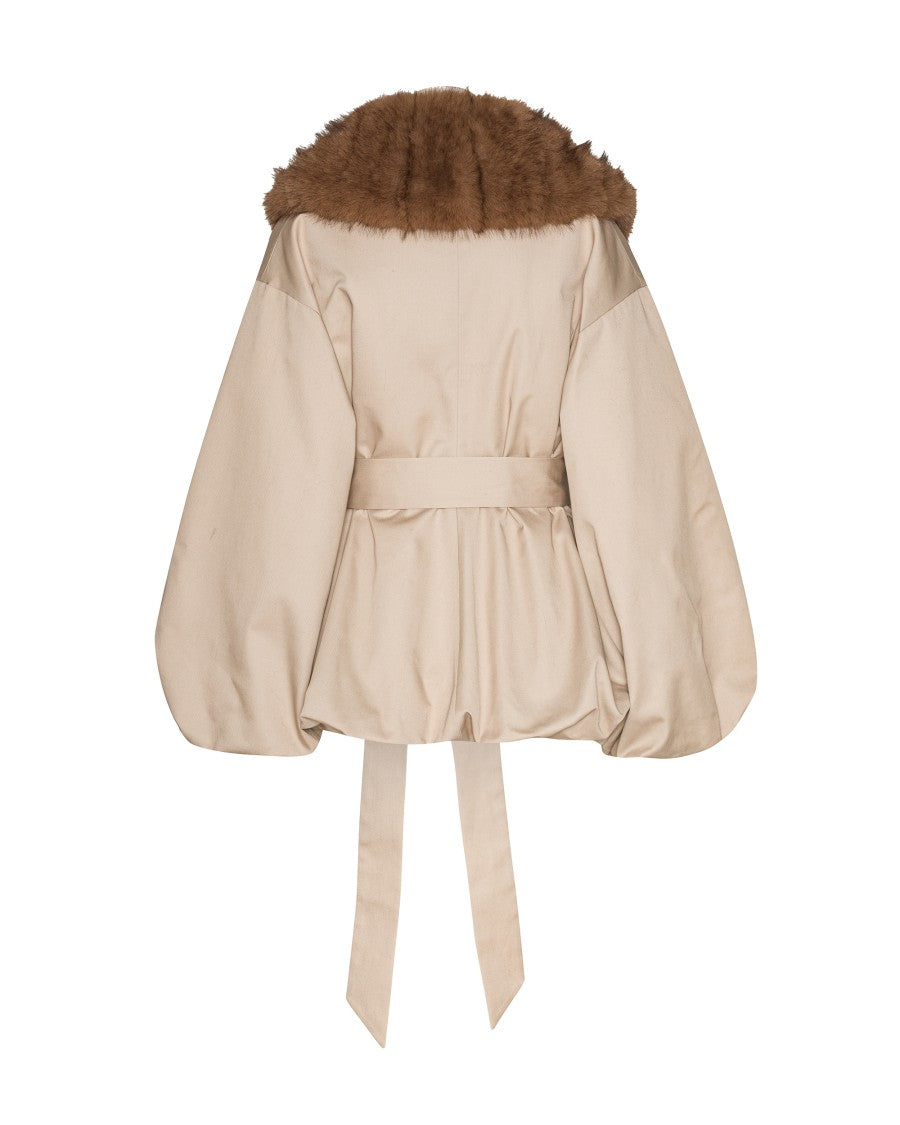 Rotate Synthetic Fur Collar Jacket With Contrasting Fabric Panels