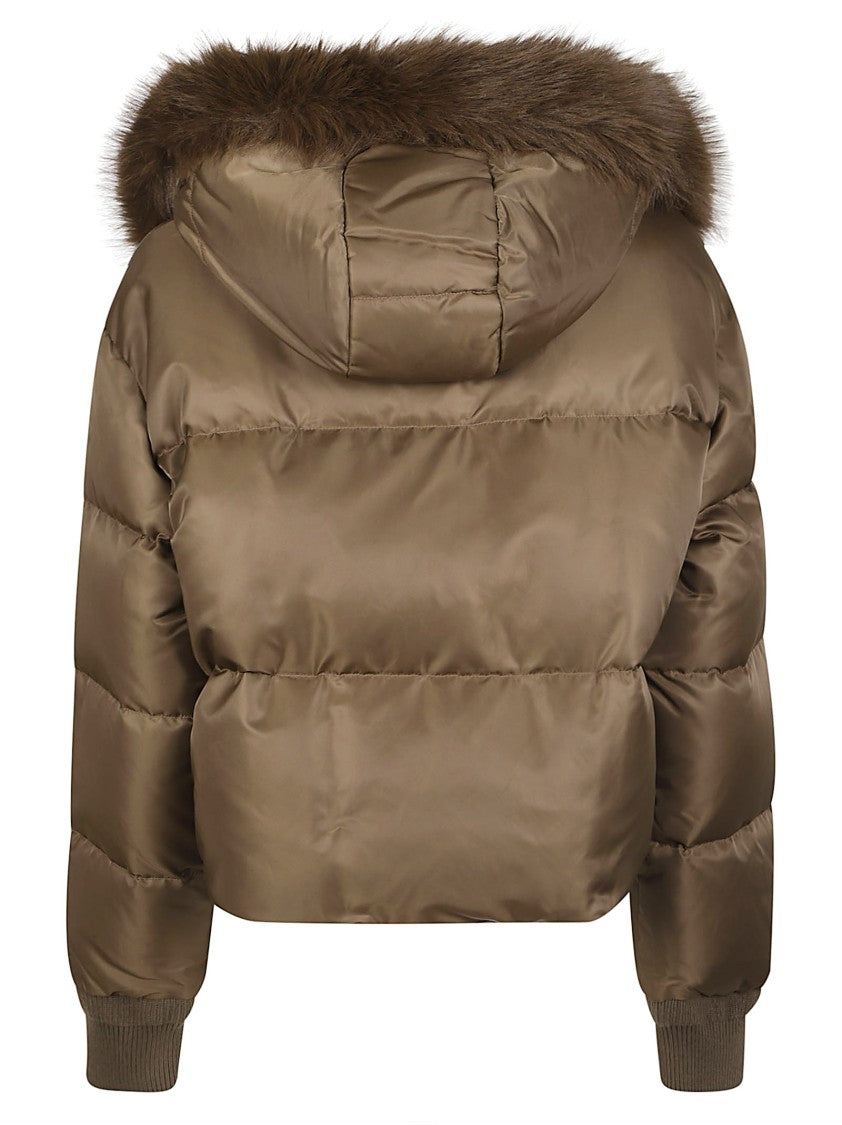 Pinko Piastraia Polyamide Faux Fur Trim Cropped Padded Jacket