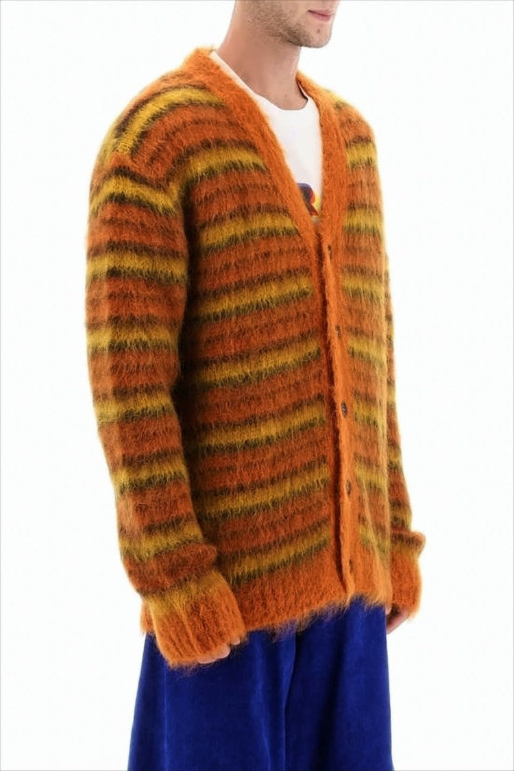Marni Cozy V-Neck Cardigan With Horizontal Stripes In Warm Hues