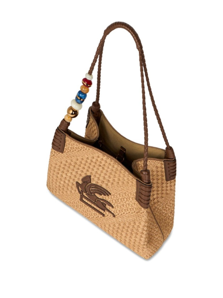Etro Rectangular Woven Shoulder Bag With Braided Handle And Embellishments