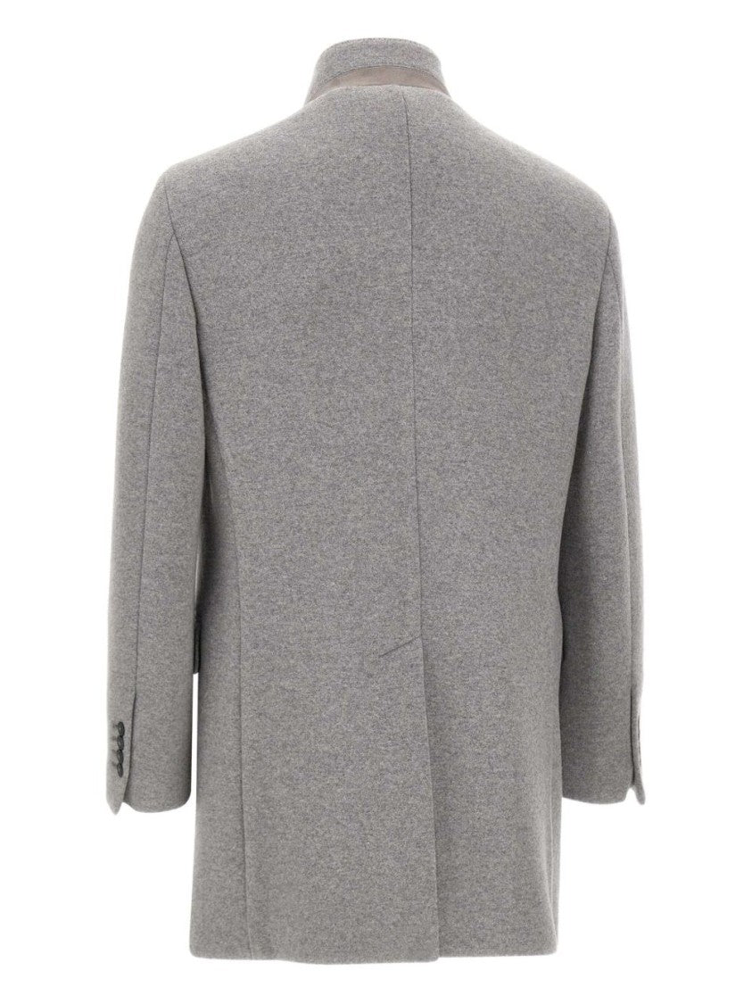 Fay Tailored Grey Wool Coat With Stand-Up Collar