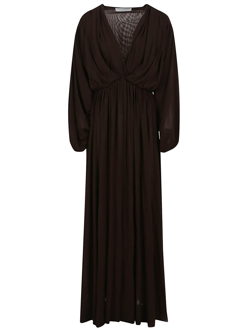 Philosophy Di Lorenzo Serafini Flowing Brown Maxi Dress With Deep V-Neckline