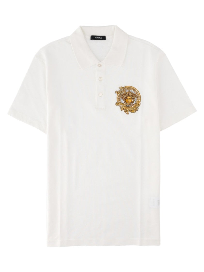 Versace White Ornate Emblem Cotton Polo Shirt