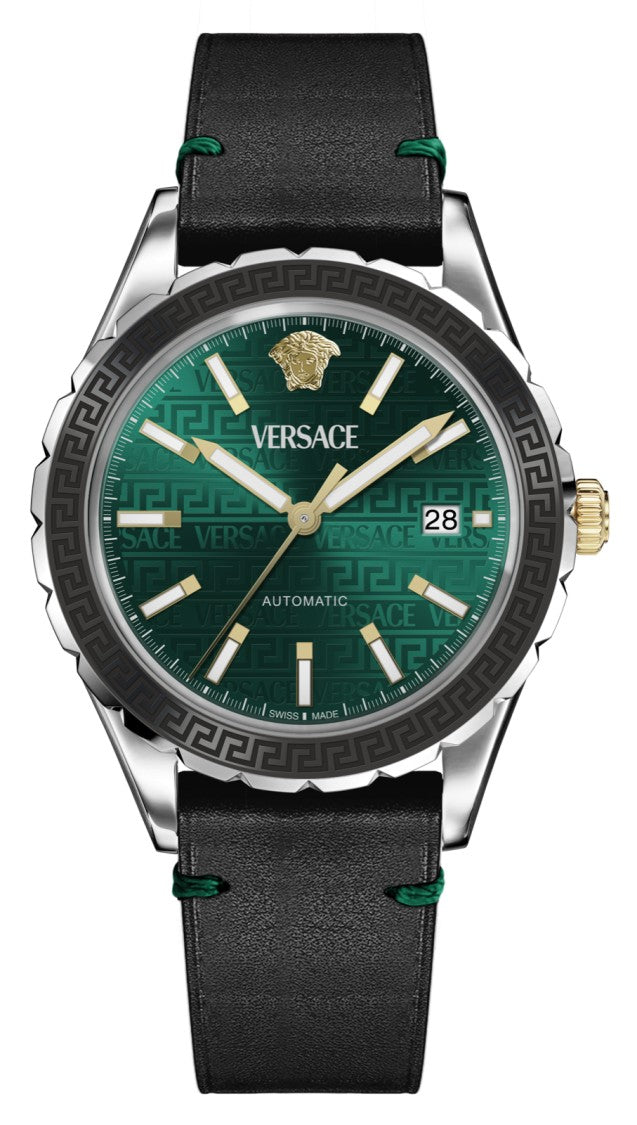 Versace Hellenyium Automatic Men's Watch With Green Dial And Leather Strap