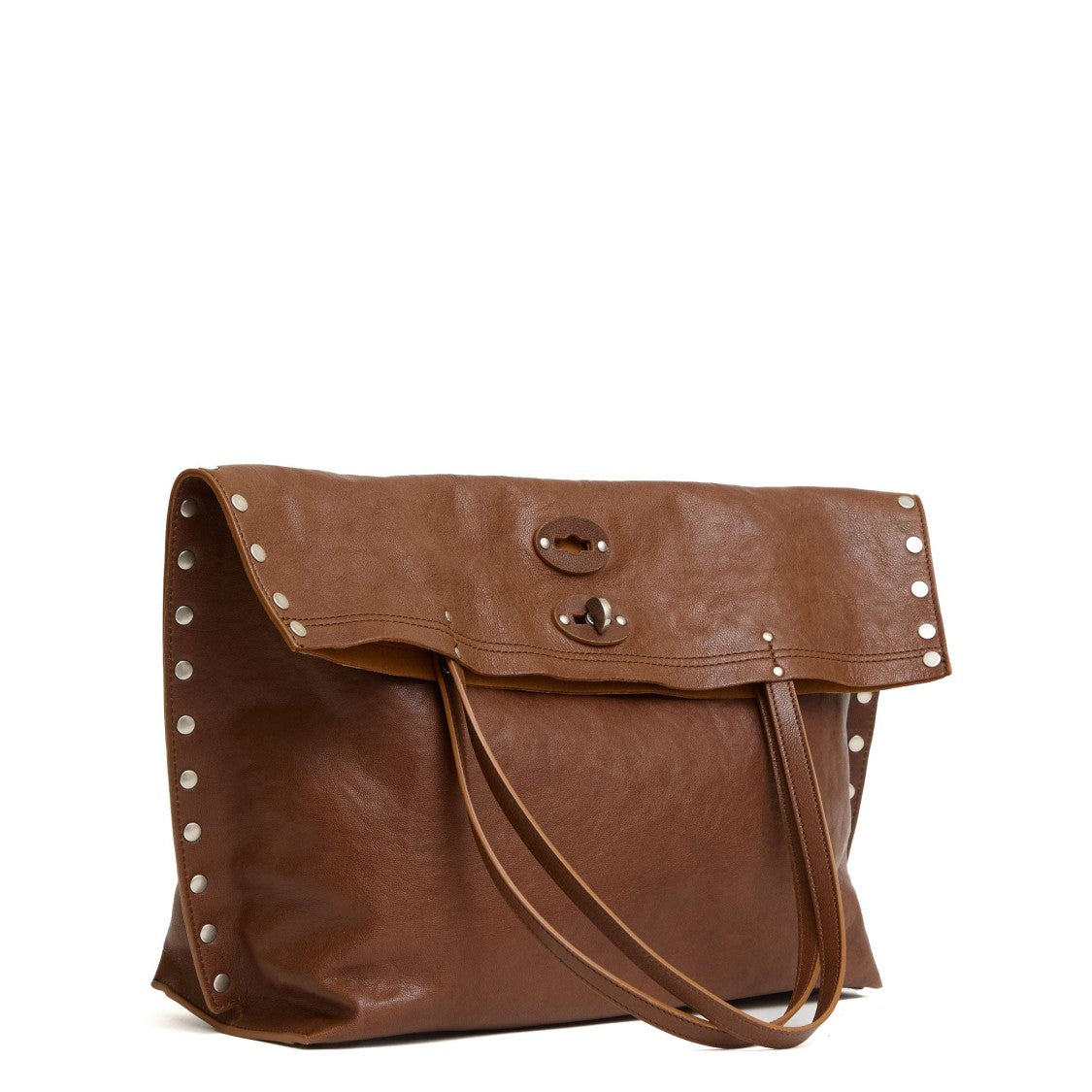 Zanellato Fold-Over Brown Leather Handbag With Silver Stud Detailing