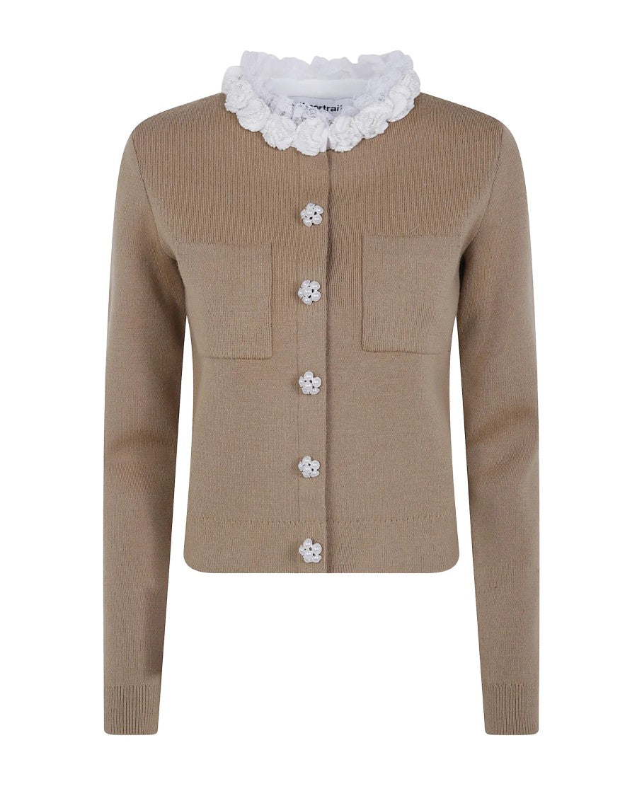Self-Portrait Brown Lace-Trimmed Wool-Blend Cardigan