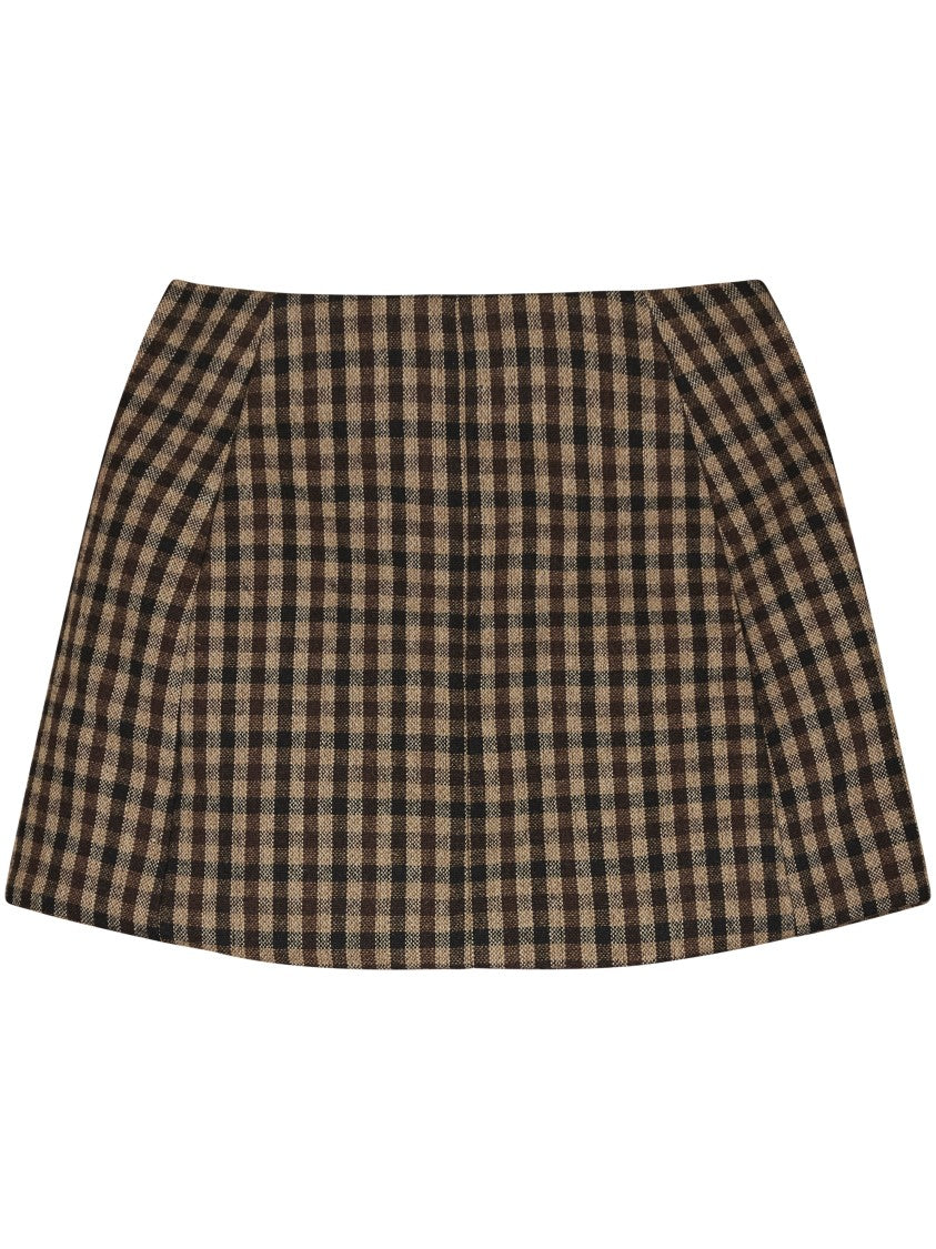 Ganni Check Pattern Wool Blend Skirt With Pleat Detailing