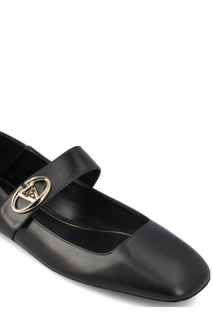 Valentino Pointed-Toe Black Calf Leather Flats With Circular Buckle Detail