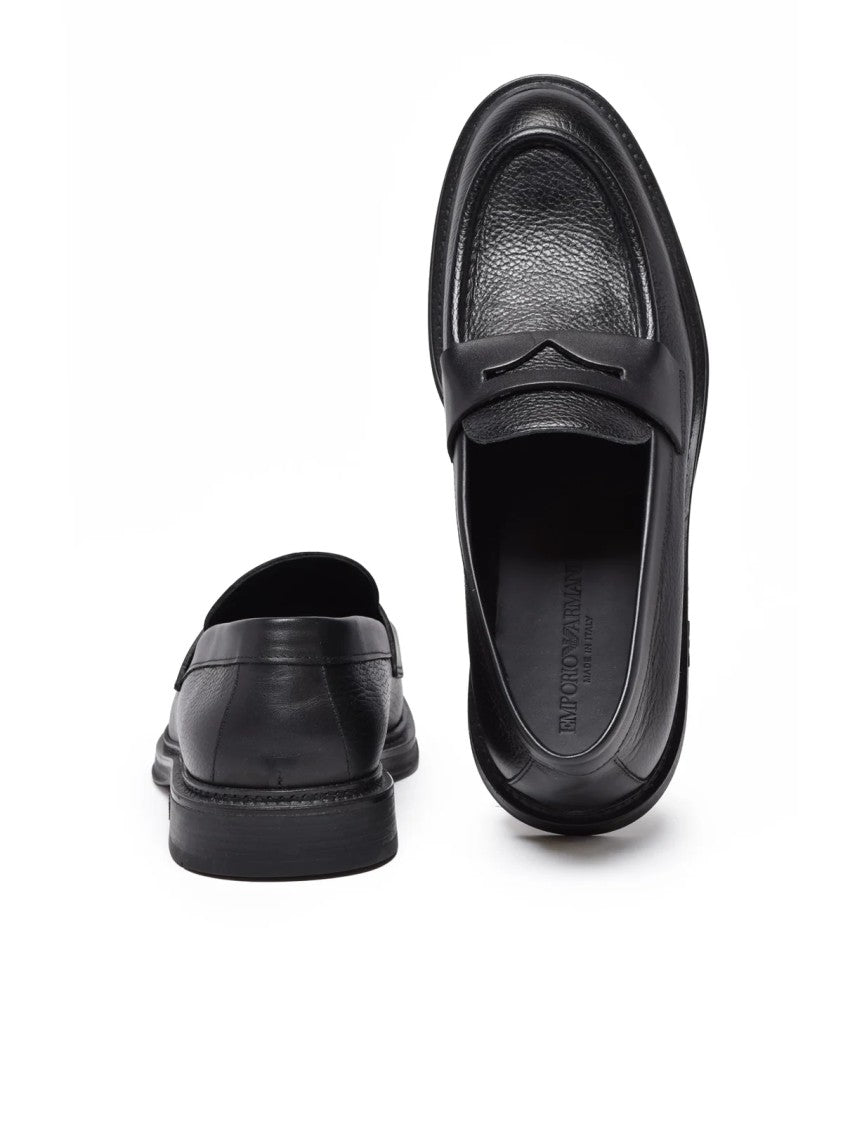 Emporio Armani Black Hammered Leather Penny Loafers