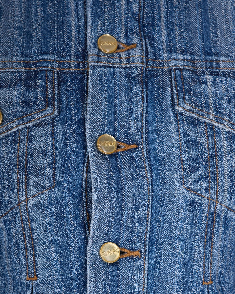 Ganni Giubbino Plissettato In Denim A Righe Mid Blue Stone