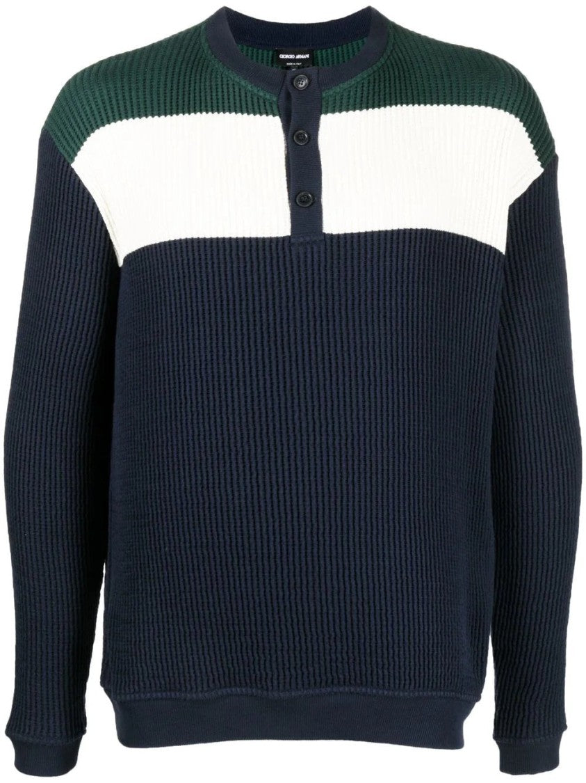 Giorgio Armani Ribbed Knit Polo Sweater With Color-Block Design