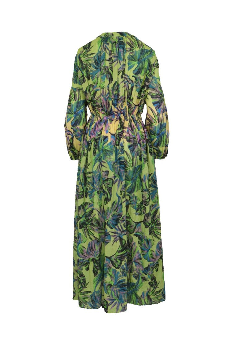 Pinko Green Tropical Leaf Print Tie-Neck Cotton Maxi Dress