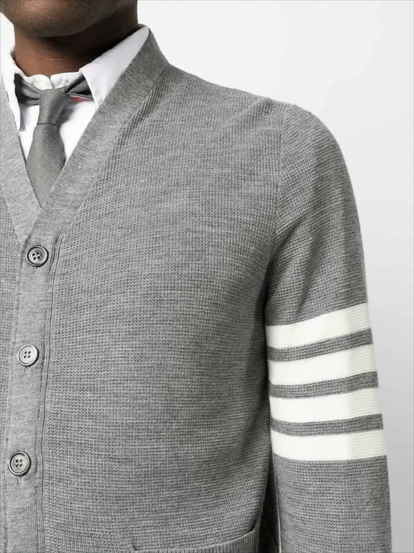 Thom Browne V-Neck Hand-Knitted Grey Wool Cardigan With Signature Stripes