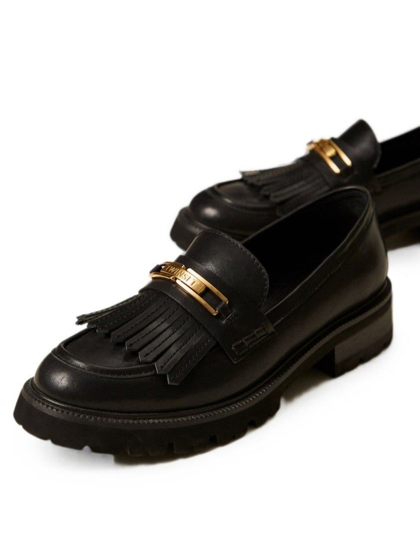 Twin-Set Fringed Black Leather Flats With Gold Accents