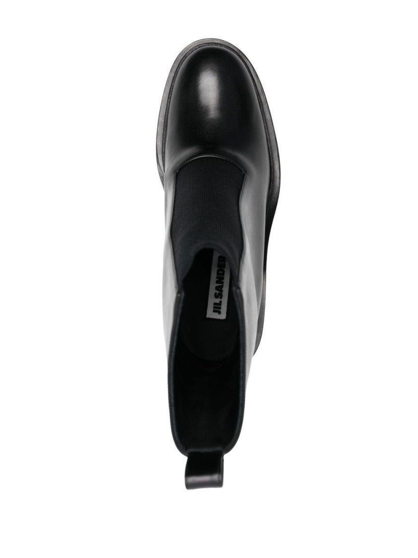 Jil Sander Mid-Height Block Heel Black Ankle Boot With Stretch Panel