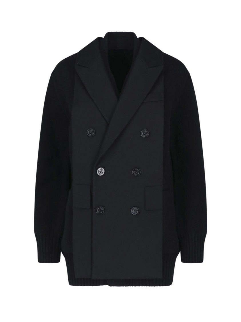 Sacai Black Wool Flannel Blazer-Style Cardigan With Nylon Sleeve Details