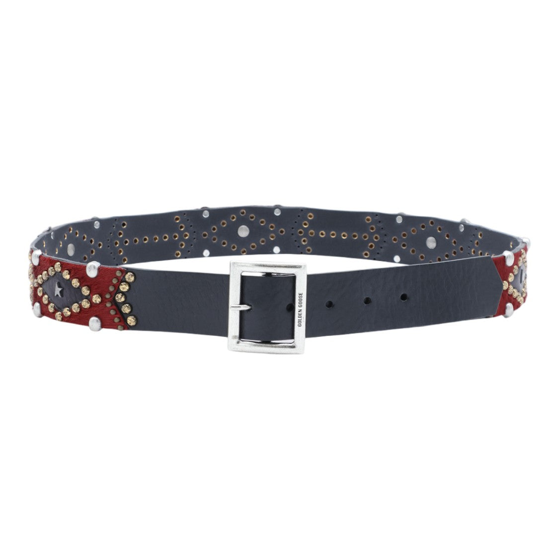 Golden Goose Black Belt With Silver Buckle And Studded Patches