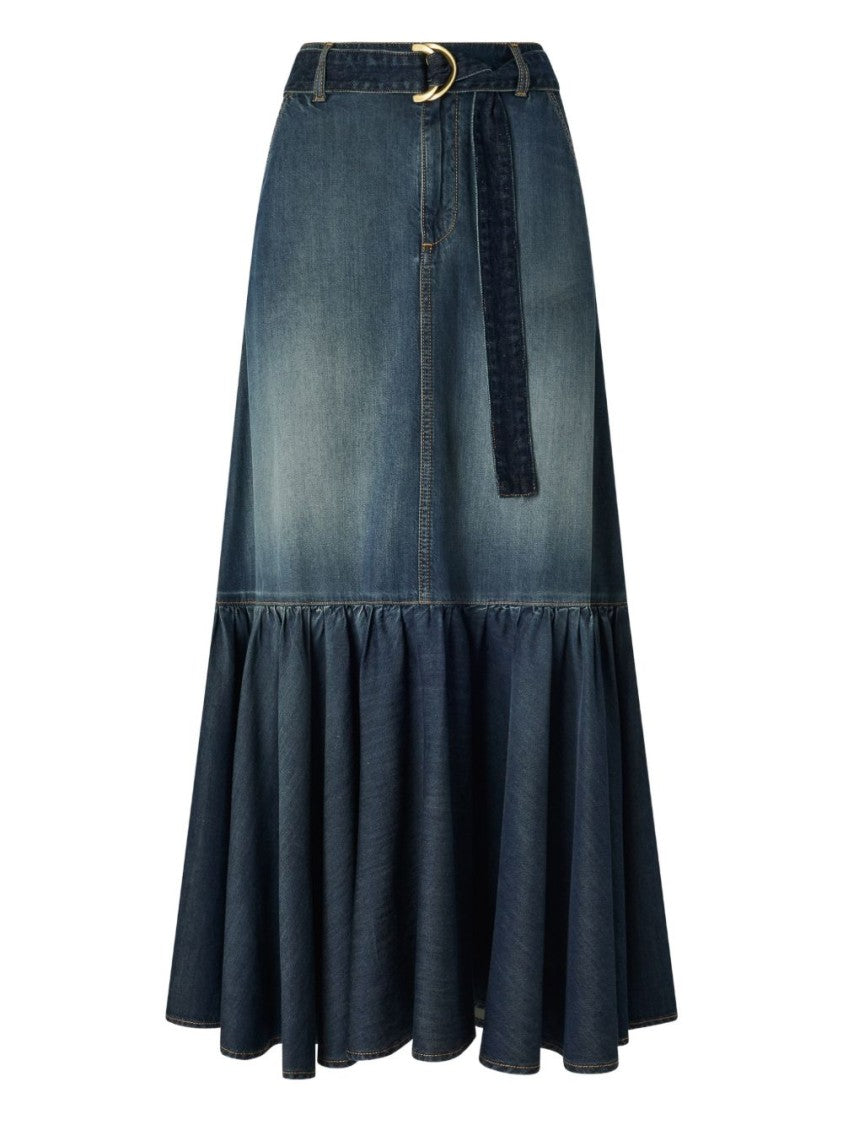 Pinko Midi Denim Skirt With Flared Ruffle Hem And Gold-Tone Accents