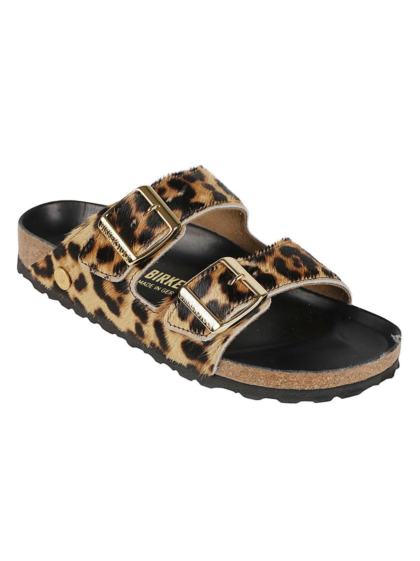 Birkenstock Arizona Fur Hex Leopard Print Two-Strap Leather Sandals