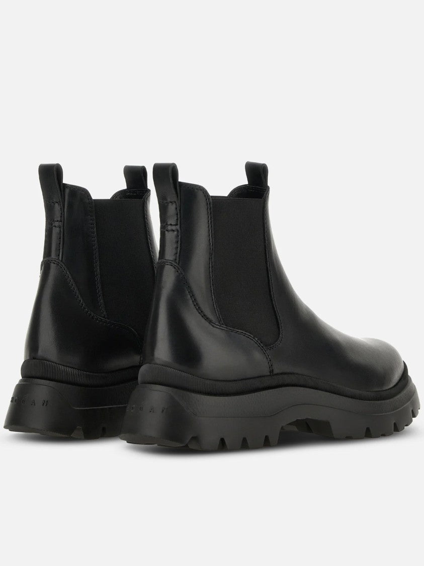 Hogan Black Leather Elastic Side Boots