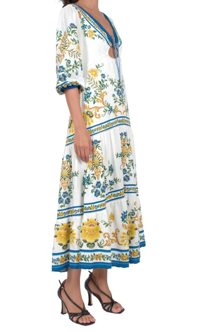 Farm Rio Multicolor Floral Tiered Linen-Blend Midi Dress