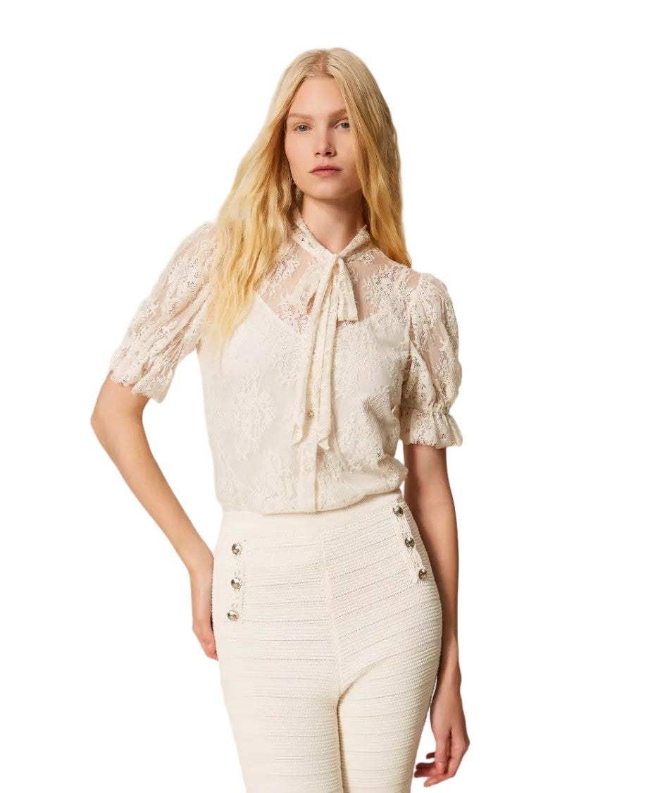 Twin-Set Lace Ribbon Bow Neck Tie Balloon Sleeves Blouse