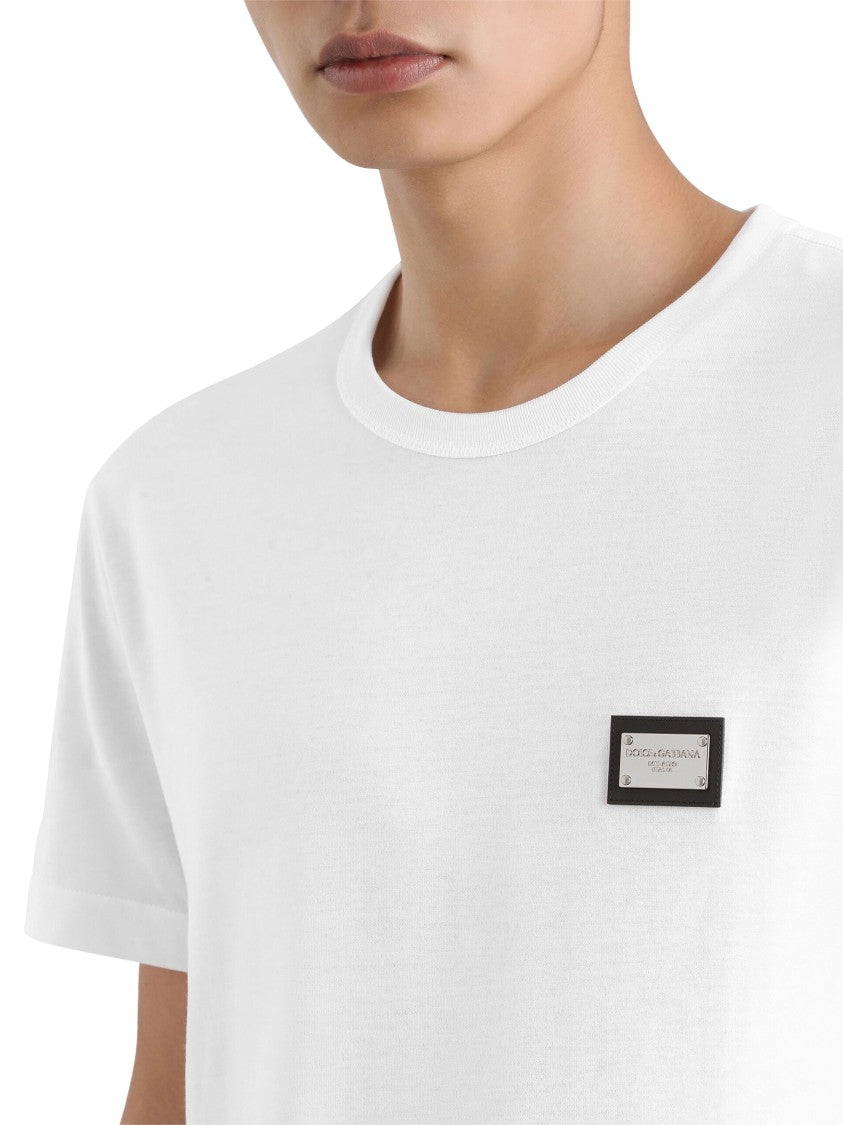Dolce & Gabbana White Logo Patch Short-Sleeve Cotton T-Shirt