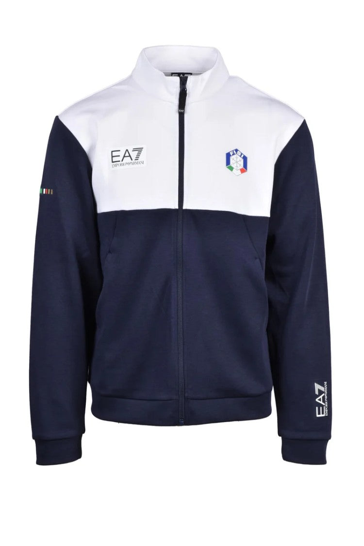 Ea7 Emporio Armani White/Blue Polyester Cotton Men's Zip Hoodie