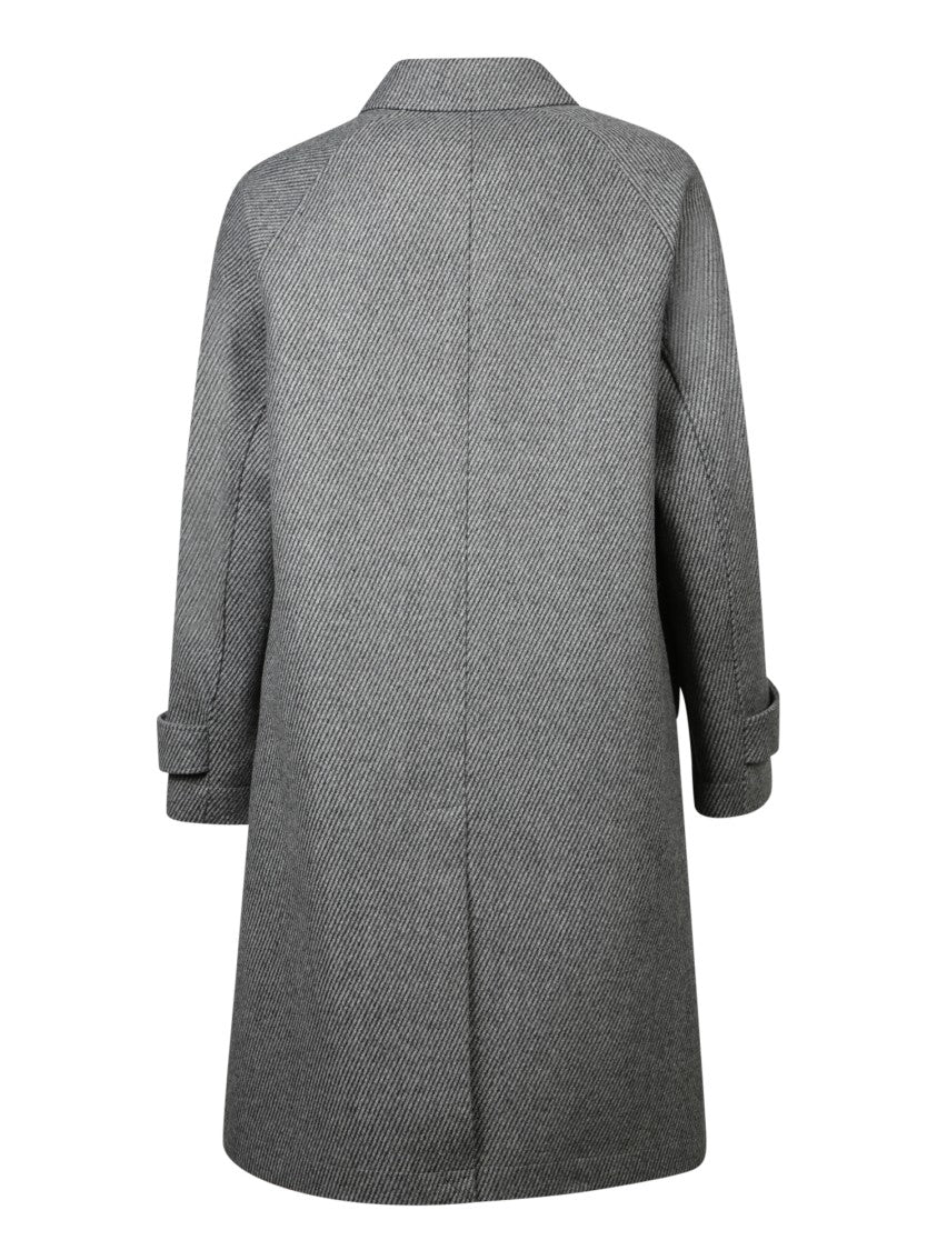 Officine Generale Grey Striped Wool Raglan Coat