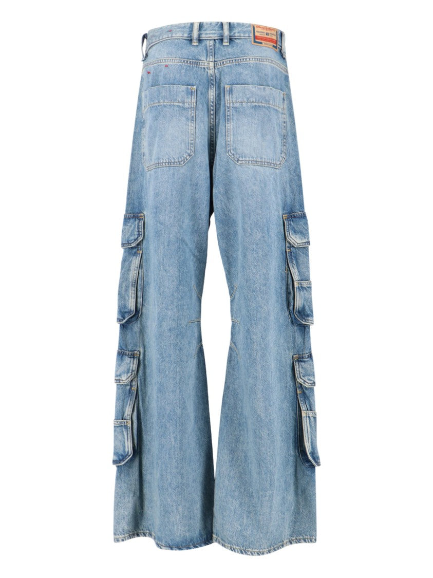Diesel Light Blue Wide-Leg Cargo Jeans With Distressed Finish