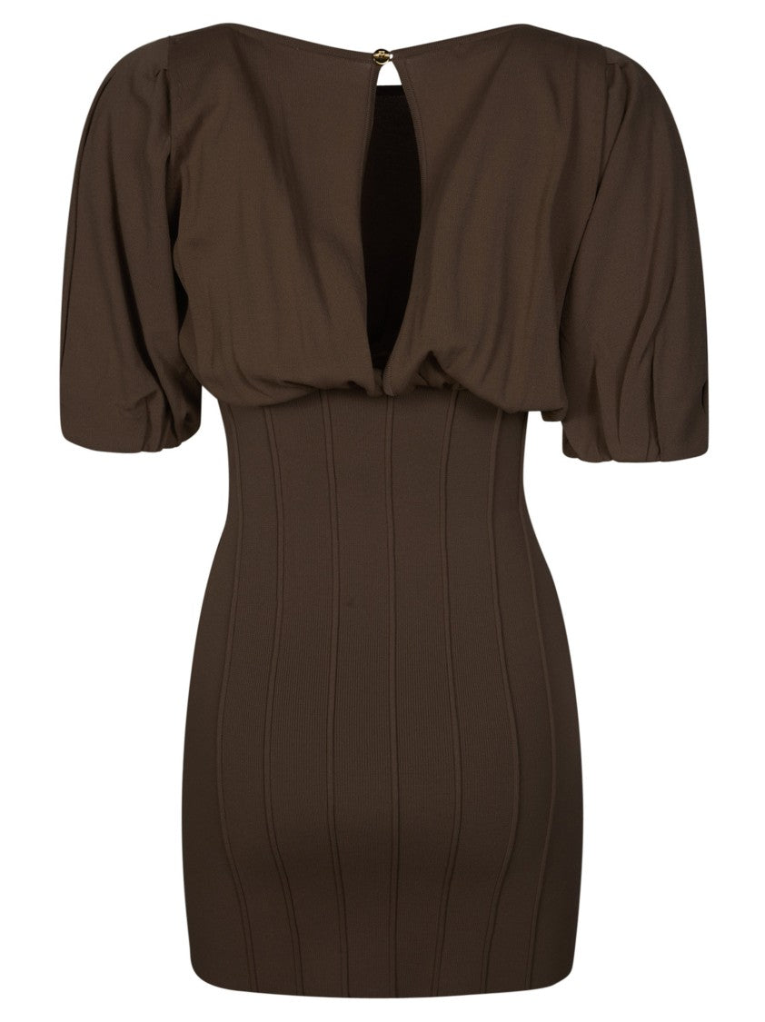 Elisabetta Franchi Rich Brown Puffed Sleeve Mini Dress