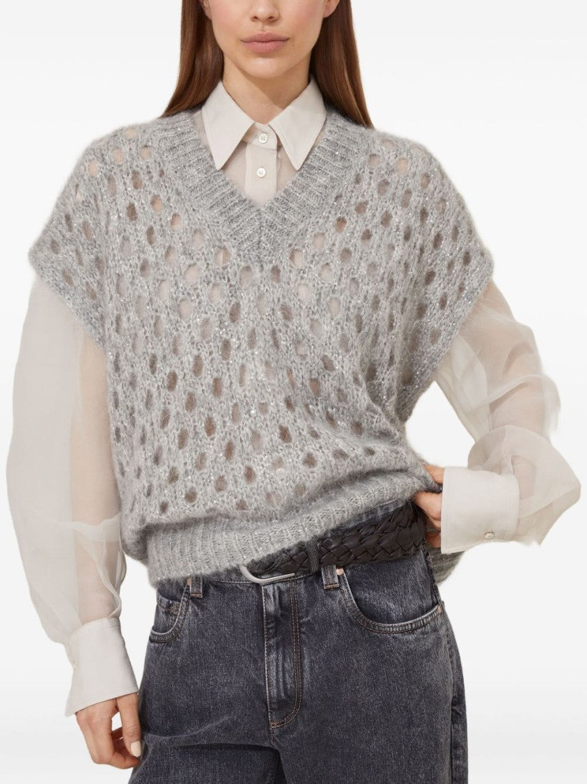 Brunello Cucinelli Open-Knit Short Sleeve Sweater With V-Neckline