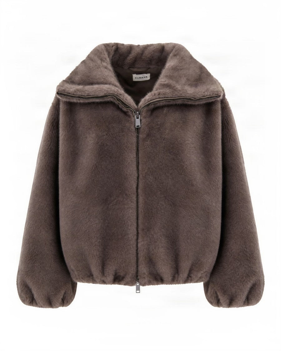 P.A.R.O.S.H. Short Taupe Eco Fur Jacket With Stand-Up Collar