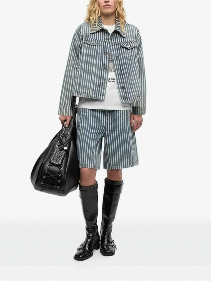 Ganni Cropped Denim Jacket With Vertical Stripes