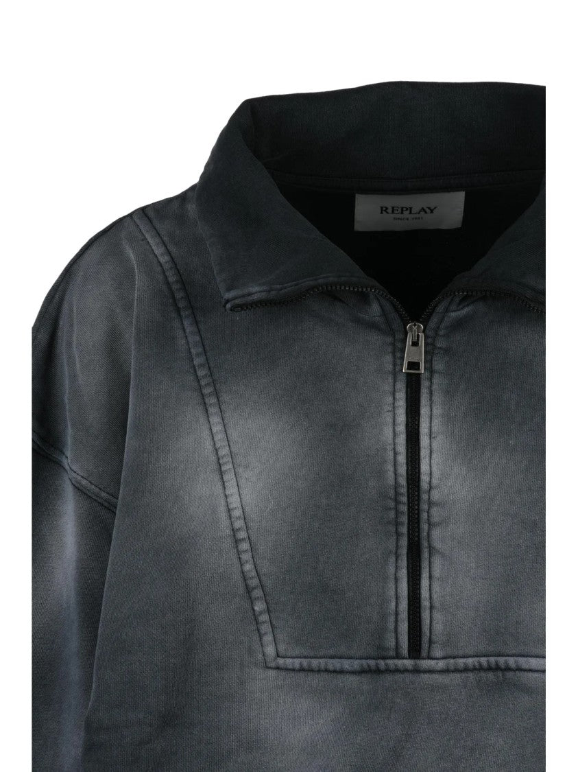Replay Cropped Half-Zip Vintage Wash Cotton Sweatshirt