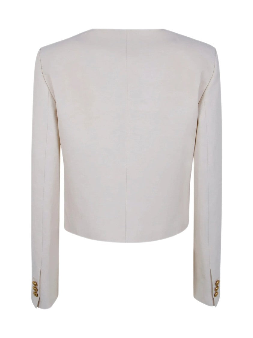 Parosh Cropped Linen Blend Jacket With Gold Button Accents