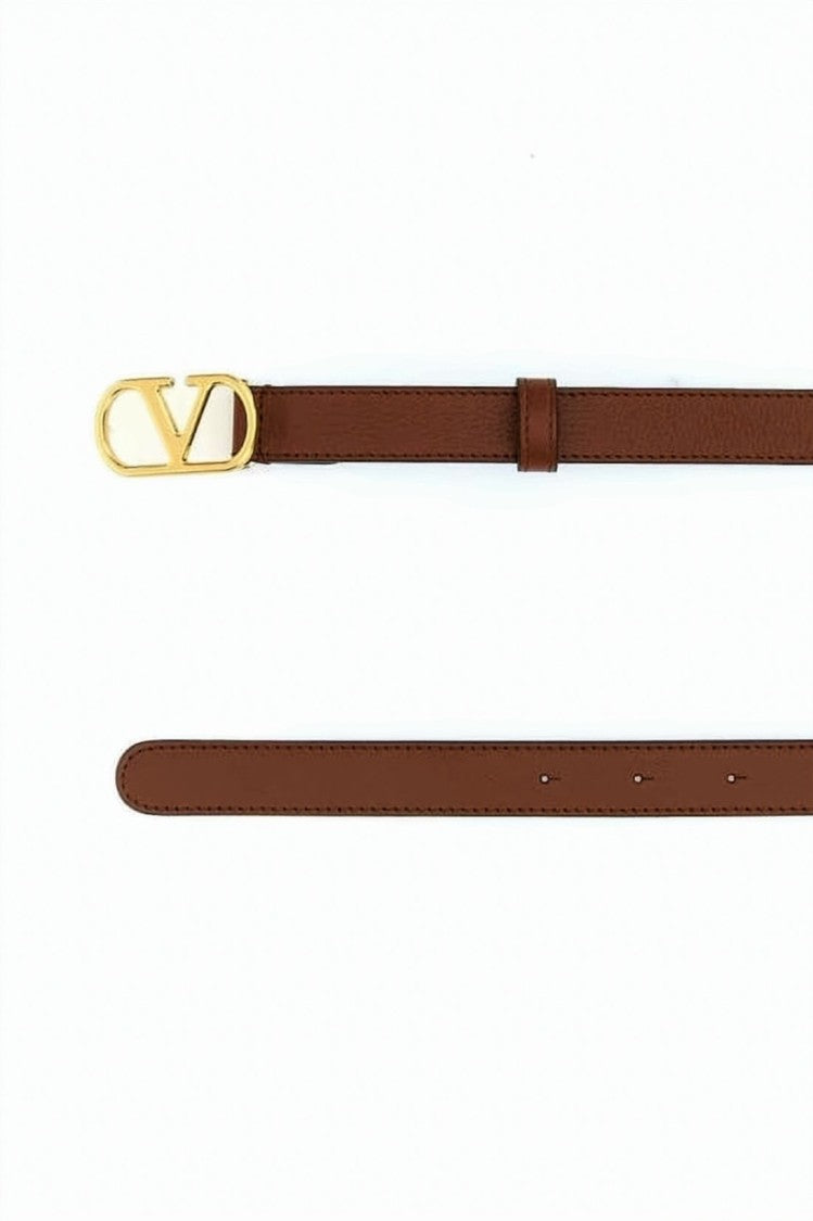Valentino Garavani Smooth Brown Cowhide Belt With Polished Gold-Tone Buckle