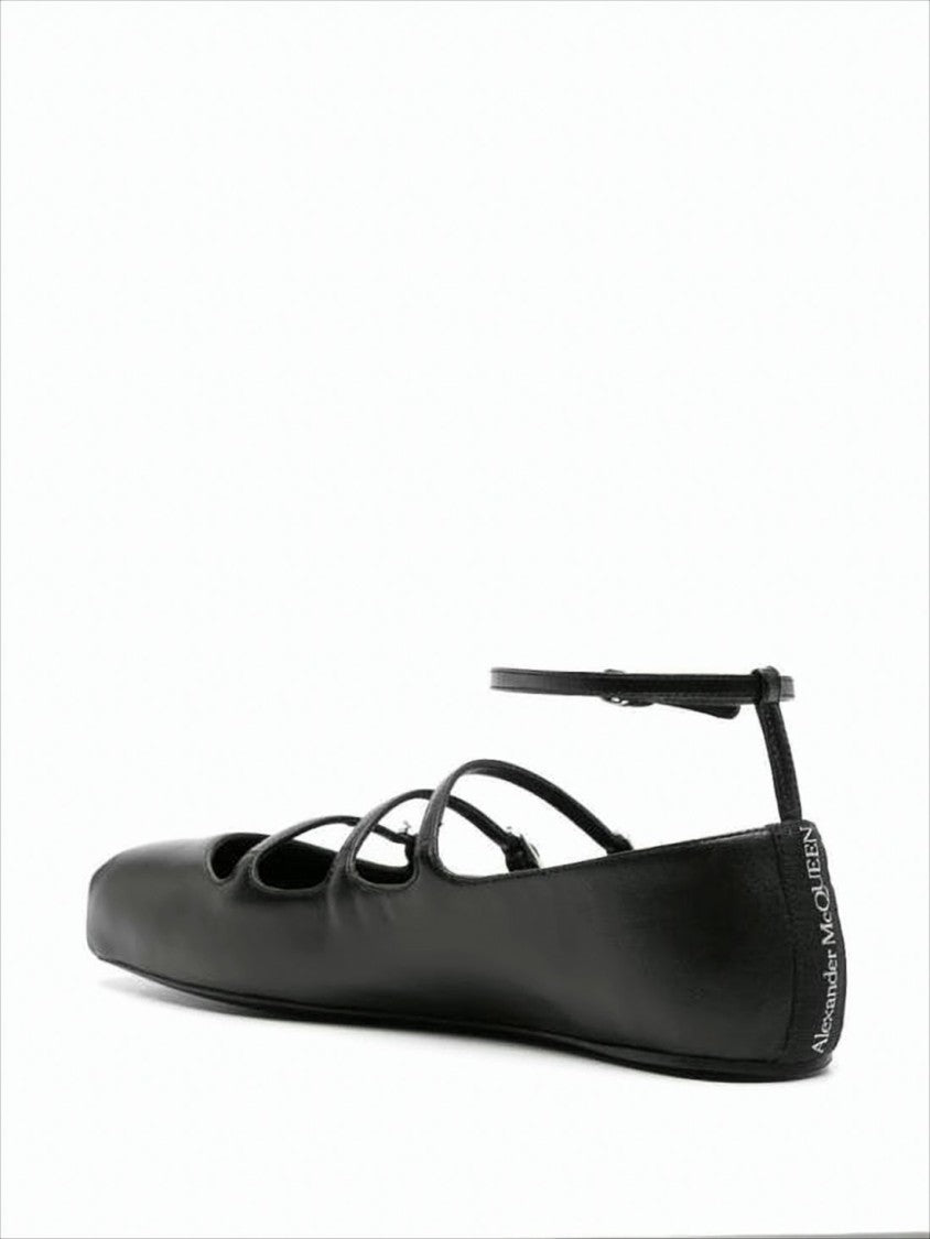 Alexander Mcqueen Square Toe Flat Shoes With Three Strap Design