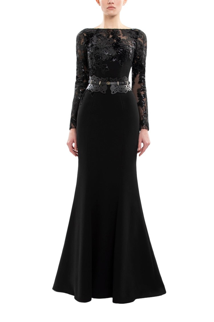 Saiid Kobeisy Embroidered Crepe Dress With Leather Belt